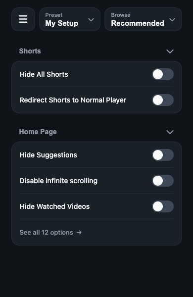 UnTrap Shorts and Home Page settings