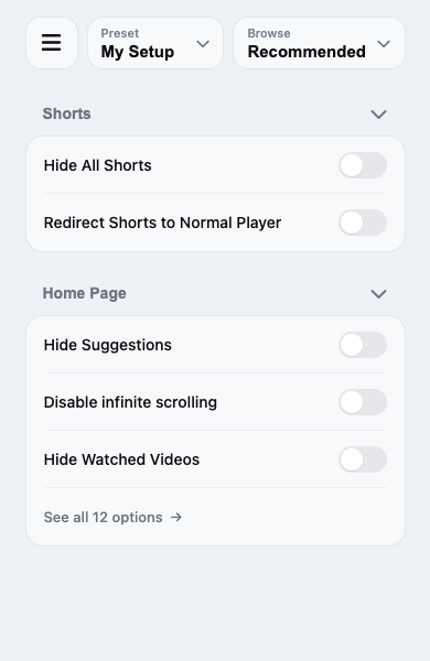 Actual UnTrap controls for Shorts, recommendations and watched videos