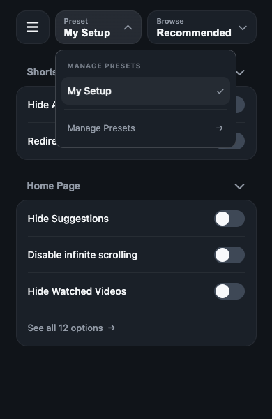 UnTrap preset selector and Manage Presets action