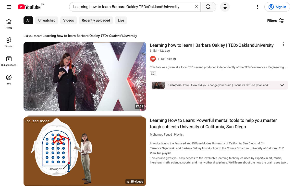YouTube search results for learning how to learn